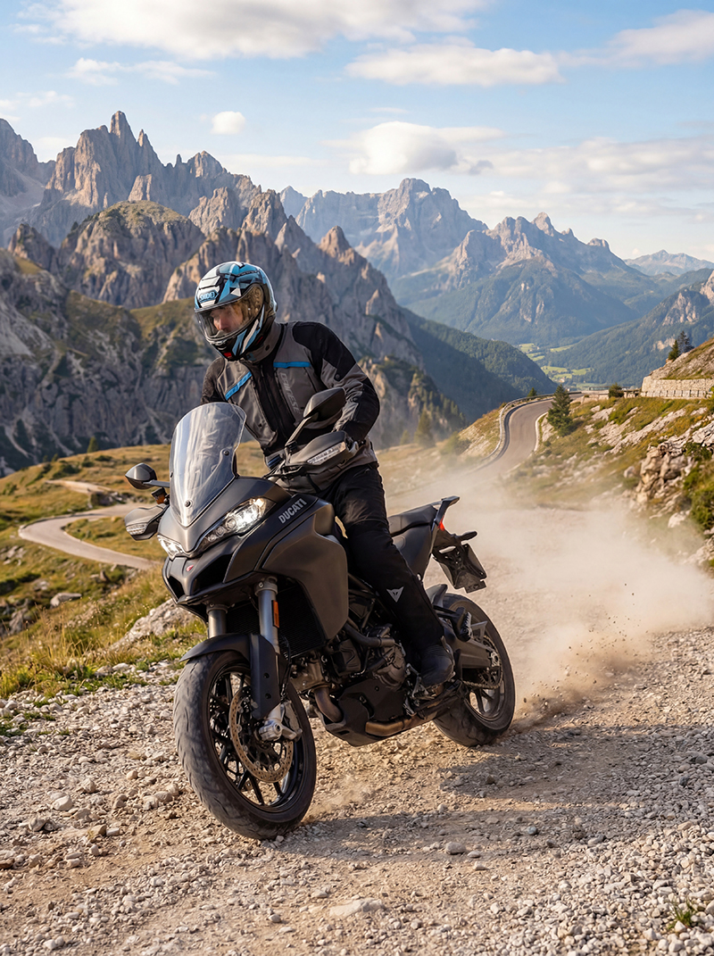 Man wearing Dainese Gullfoss suit transitioning from road to off road